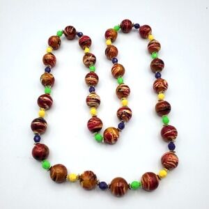 Necklace Galaxy Planets Neon Green and Yellow Swirl Hand painted Jewelry 26 In